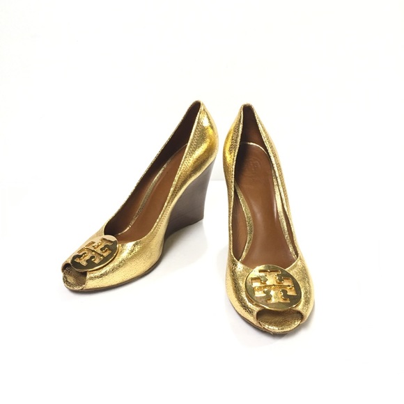 Tory Burch Shoes - Tory Burch Gold Leather Peep Toe Wedges Size 10.5M